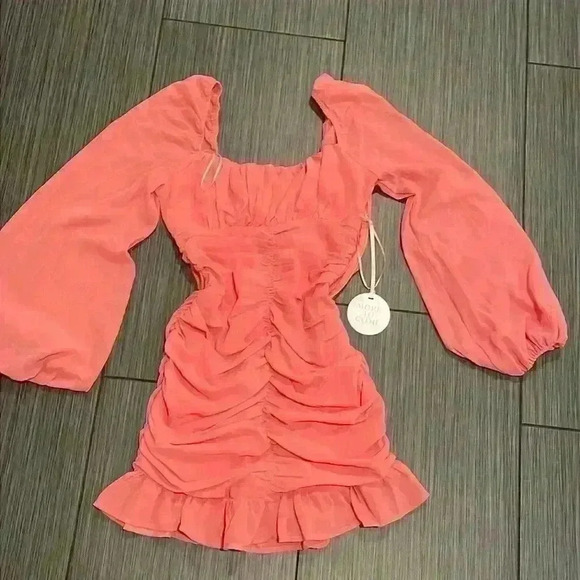 Revolve More To Come Pink Petra Long Blouson Sleeves Ruched Mini Dress Size XS - Picture 3 of 13
